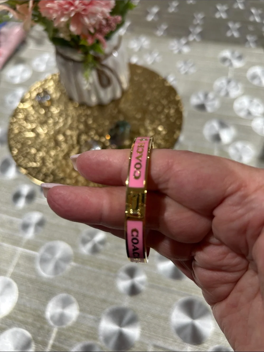 043. Pink Enamel and Gold Logo Bracelet With Box 6 3/4”